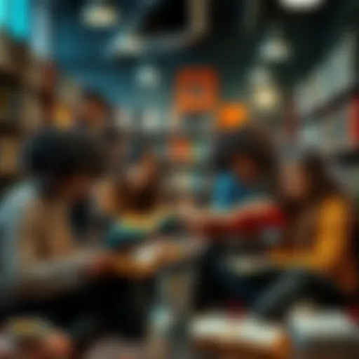 A group of diverse people enjoying reading in a cozy library setting