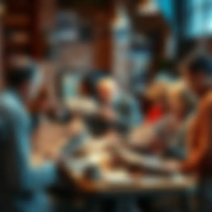 A group of people gathered around a table, reading various newspapers and magazines from decades ago, discussing news and sharing information in a lively setting.