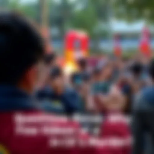 A crowd of students holding smartphones as they film a chaotic scene outdoors, indicating a significant incident has occurred.