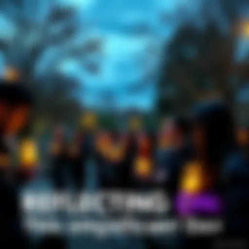 Group of people gathered together in a park, holding candles and looking solemn, symbolizing remembrance and reflection on an important occasion.