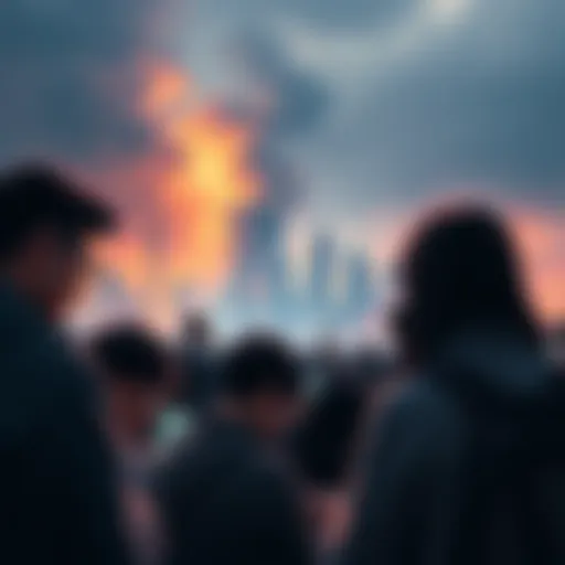 A group of people staring at their phones, oblivious to the chaos around them, featuring a broken city skyline in the background.