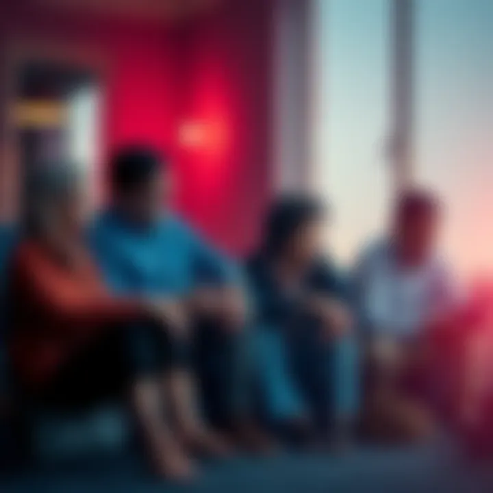 A group of adults sitting together, sharing their feelings of loneliness and discussing insights from their charts, creating a supportive atmosphere.