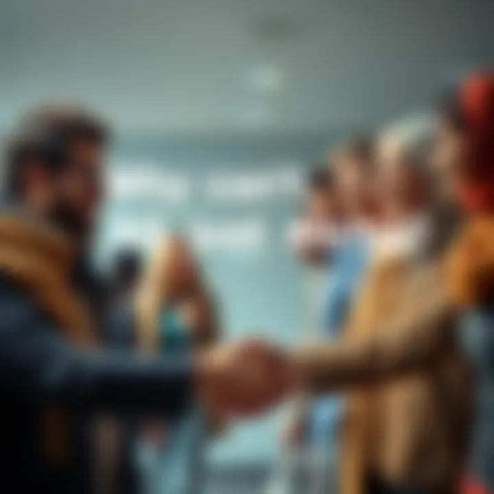 A diverse group of people smiling and shaking hands in a friendly manner