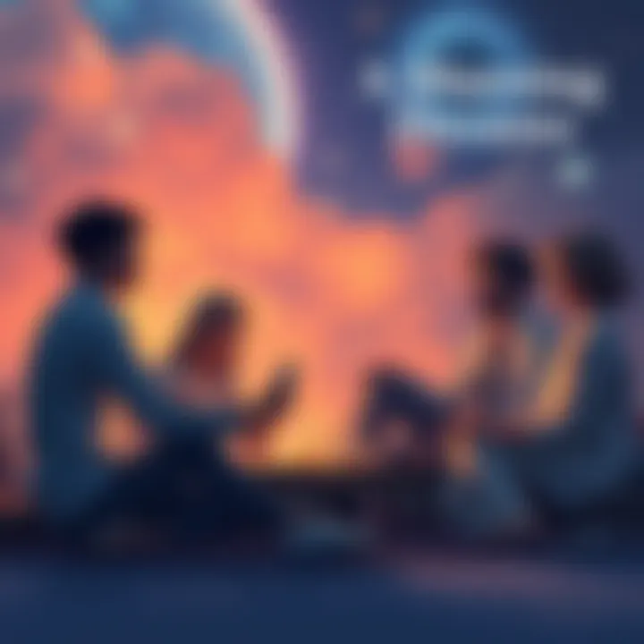 A group of individuals sitting together, sharing their vivid dreams and experiences in a cozy setting, with stars and cosmic elements in the background.