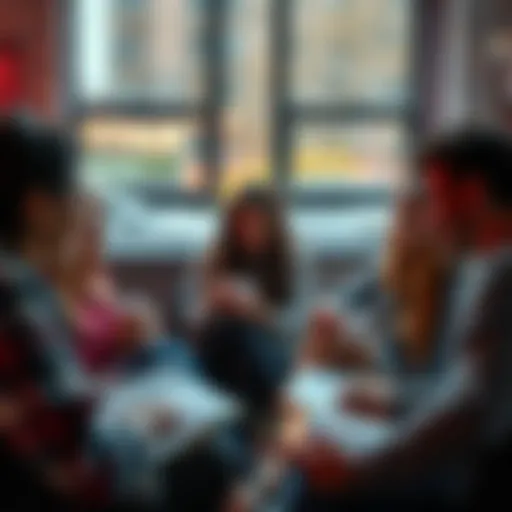 A group of people discussing their manifestation journeys in a circle, with notebooks and coffee cups, creating a warm and inviting atmosphere.