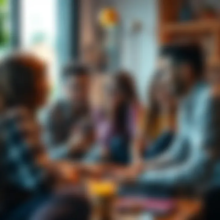 A group of diverse people discussing relatable topics in a cozy setting, highlighting shared experiences and engagement.