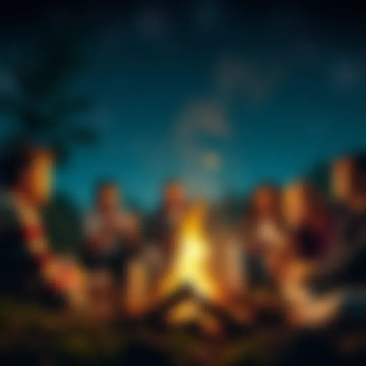 A group of people discussing their life-changing experiences around a campfire, with expressions of wonder and curiosity