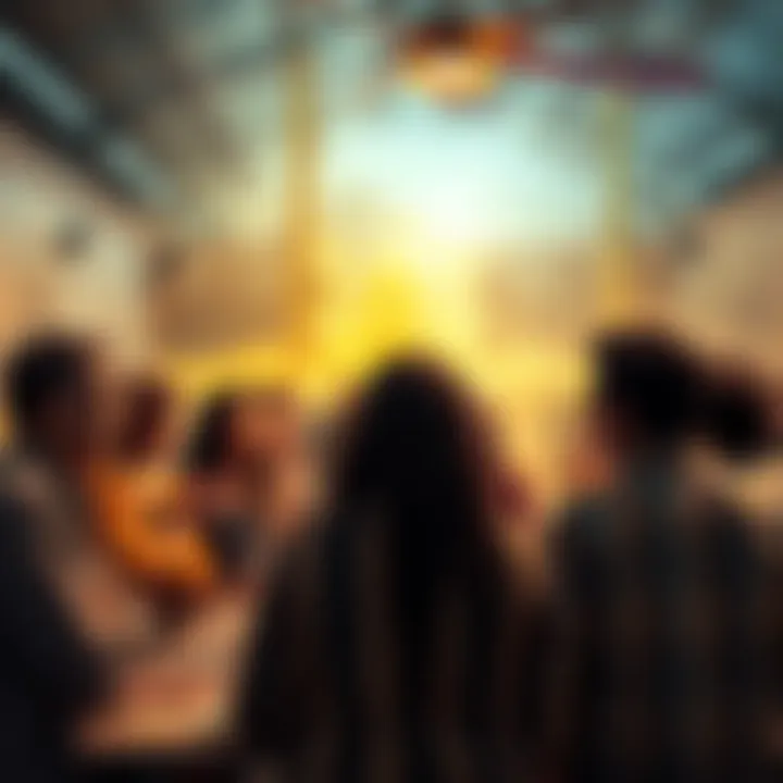 A group of people at a gathering sharing their out-of-body and near-death experiences, with a warm and inviting atmosphere.