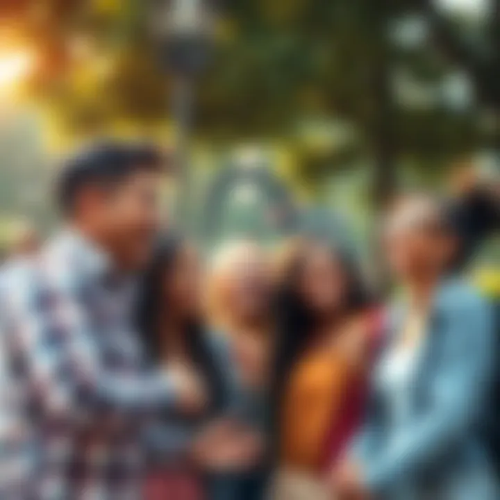 A group of diverse people laughing and connecting in a park, highlighting shared experiences in 2025.