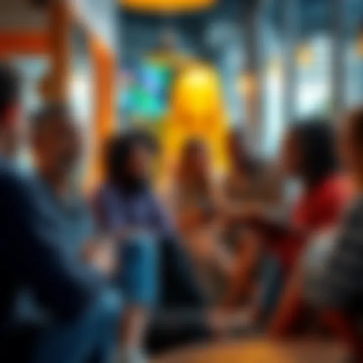 A group of diverse individuals sitting together, exchanging thoughts and stories in a warm, inviting atmosphere.