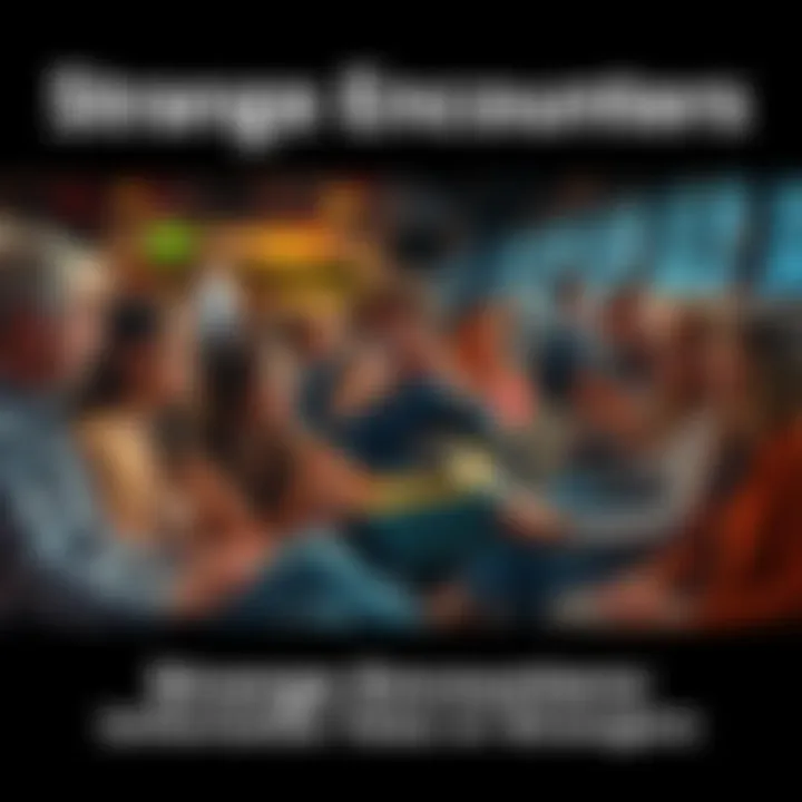A group of diverse people sitting together, sharing strange and memorable encounters with strangers, each expressing surprise and curiosity.