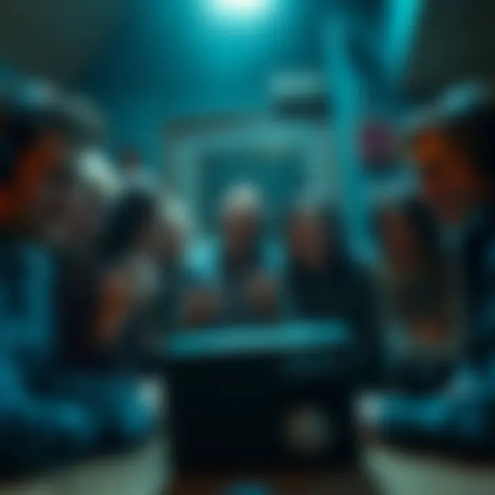 A group of people gathered around a radio, sharing their chilling true horror experiences, with expressions of fear and excitement.