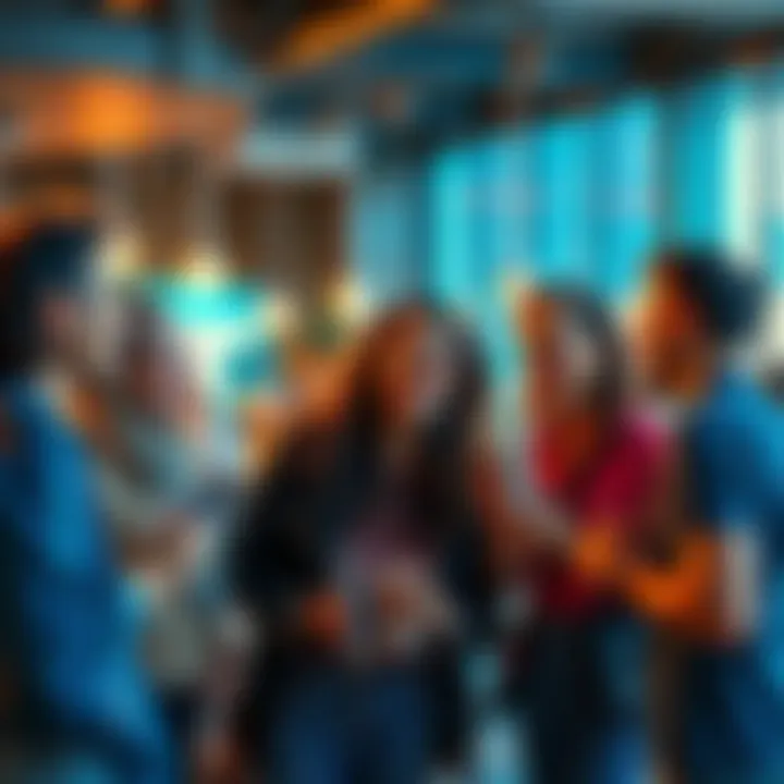 A group of friends talking and laughing together in a casual setting, reflecting social interactions in modern life.