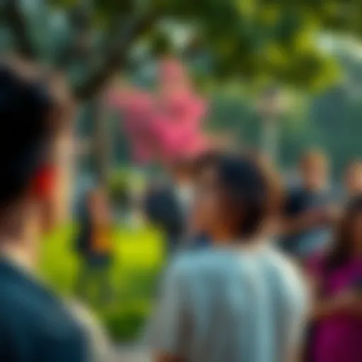 Group of people in a public park staring curiously at an individual