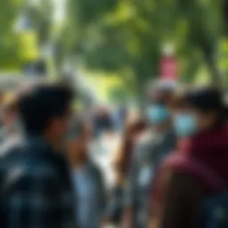 A group of people in a park looking at each other with curious expressions, highlighting increased staring behavior in public since the pandemic.