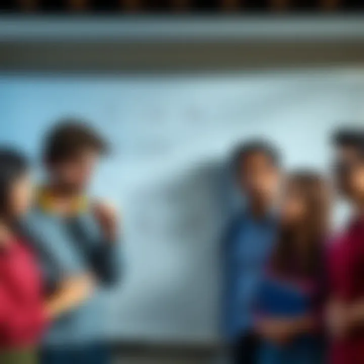 A group of diverse people looking confused while solving fraction problems on a whiteboard.