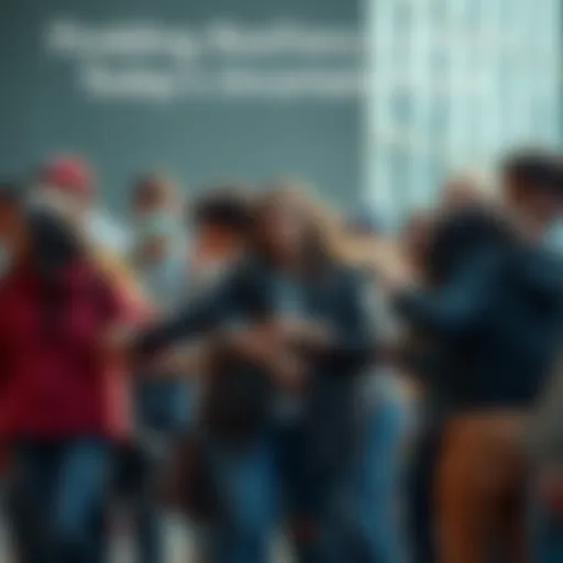 A group of diverse individuals helping one another, showing support and solidarity during challenging times.