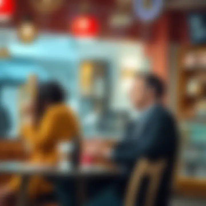 Two people talking A man and a woman sitting at a coffee shop, discussing their feelings with thoughtful expressions.