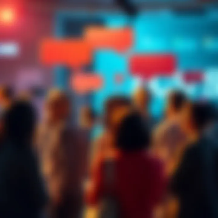 A group of people discussing their experiences on online forums, sharing advice and stories, with speech bubbles showing their interactions.