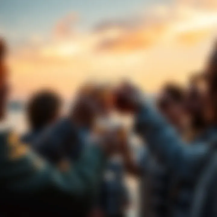 A group of friends raising their glasses to toast with the word 'Skål'