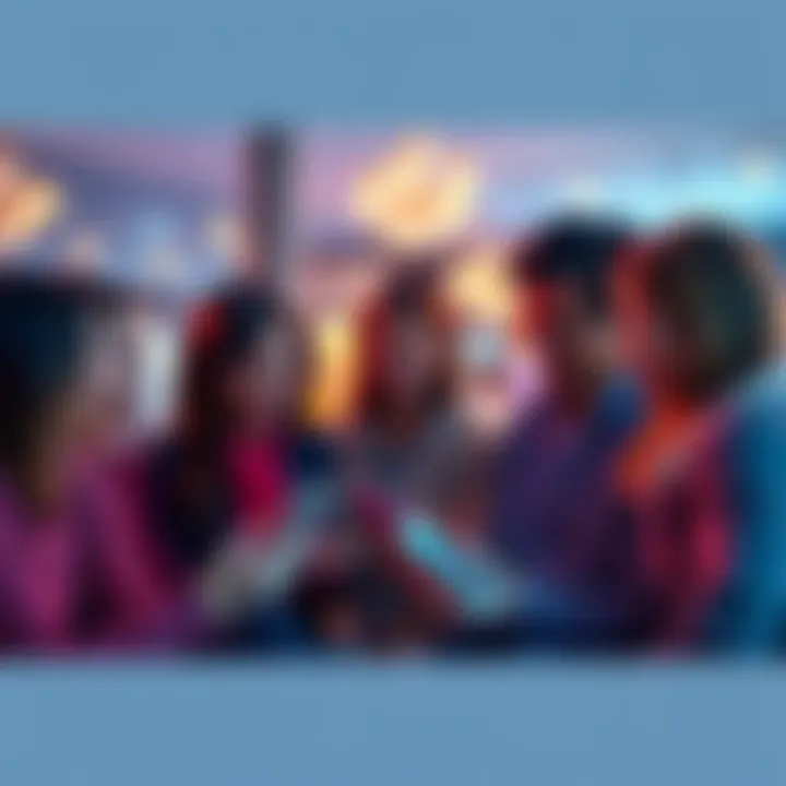 A group of adults over 30 chatting and using Snapchat on their phones, discussing dating