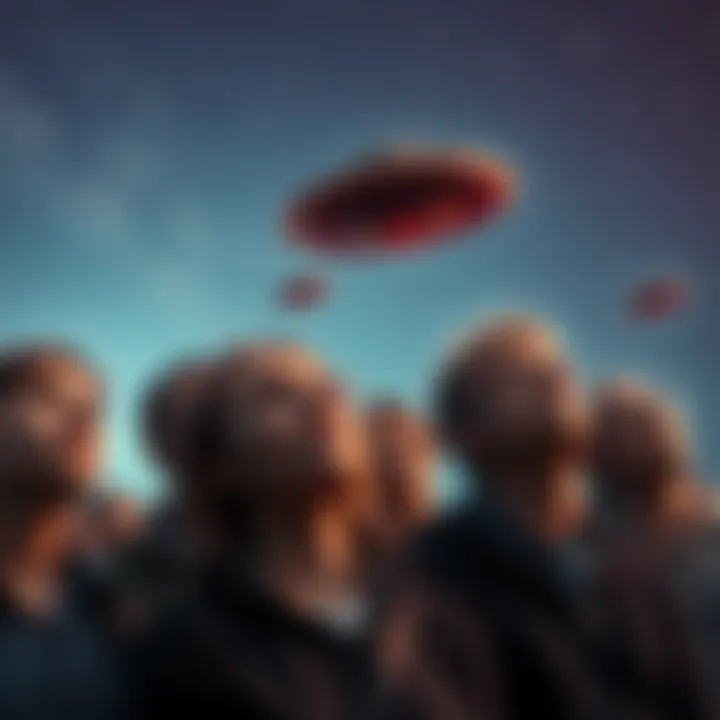 A diverse group of people looking up at the sky with expressions of curiosity and worry about UFO disclosure