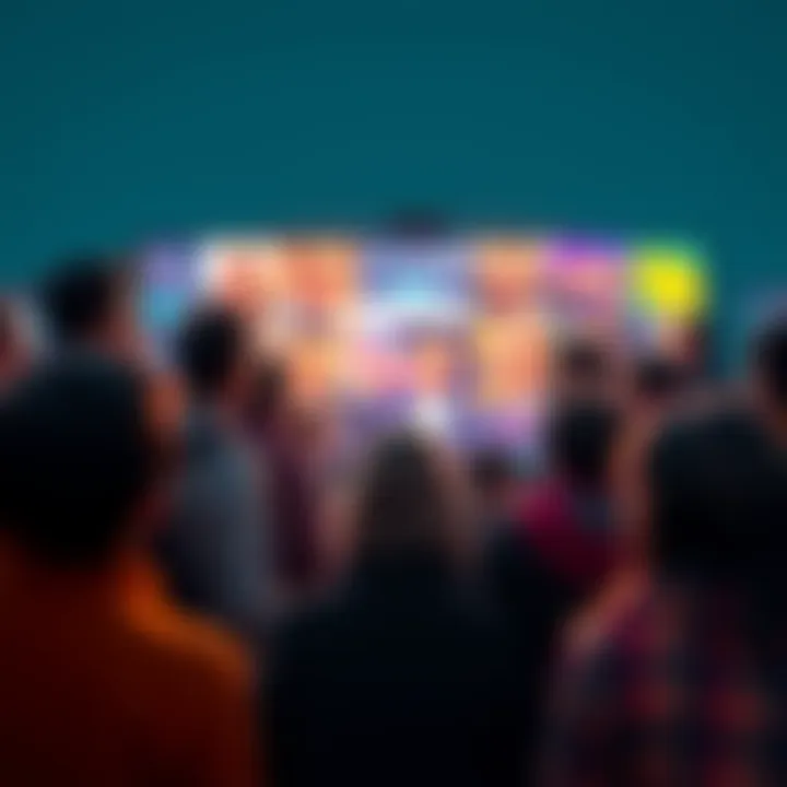 A group of people gathered around a screen, intently watching a targ broadcast, showing various expressions of curiosity and excitement.