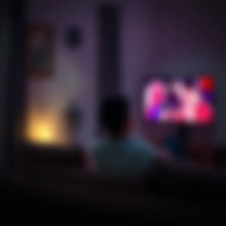 A person sitting on a couch, watching television, with a faint, glowing presence beside them, representing a daemon communicating during daily life.