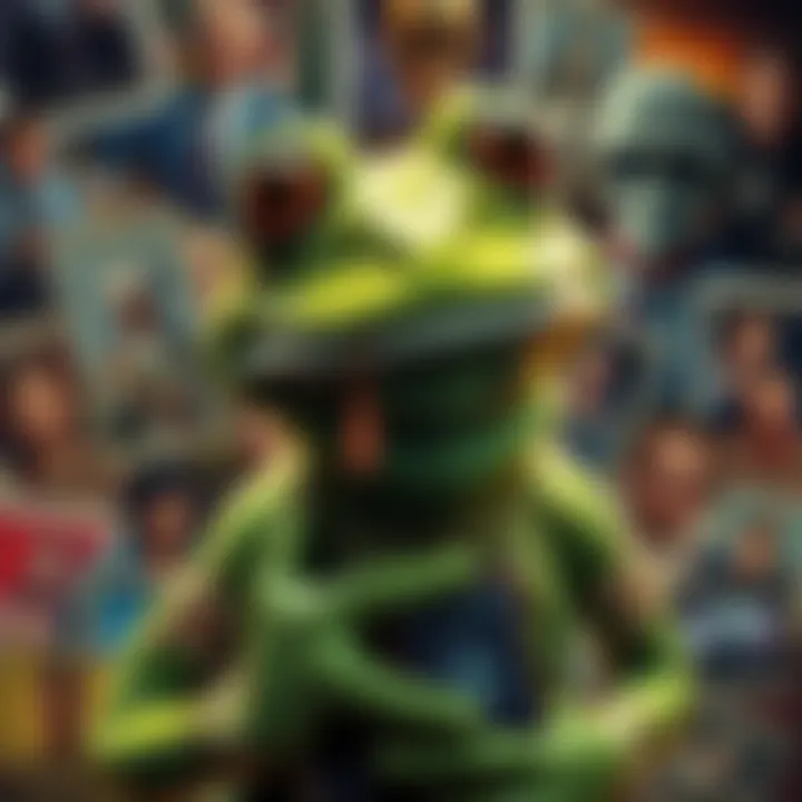 A vibrant collage featuring Pepe the Frog alongside various conspiracy-themed imagery