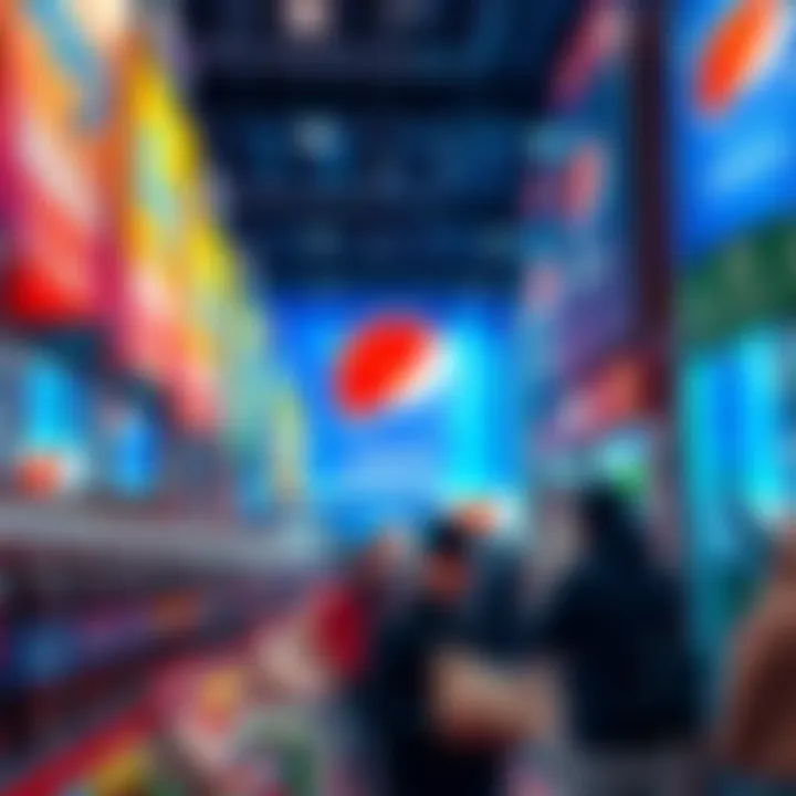 A vibrant display of Pepsi products with promotional banners attracting customers.