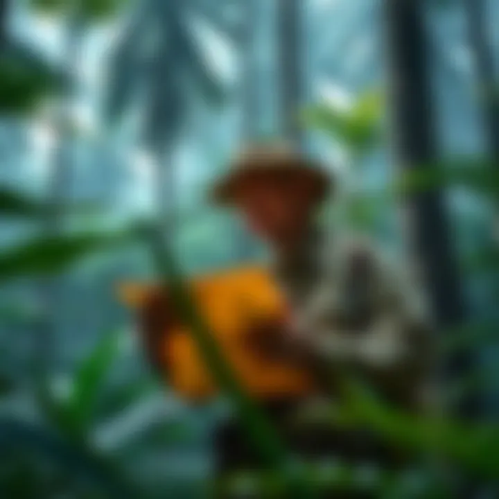 Colonel Percy Fawcett exploring a dense Amazon jungle with a map, surrounded by tall trees and thick foliage