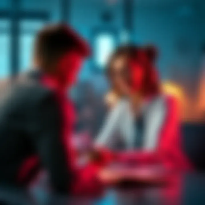 Employee receiving performance review An employee sits at a desk, receiving a performance review from her manager, with a smile and papers on the table indicating recognition and a merit increase.