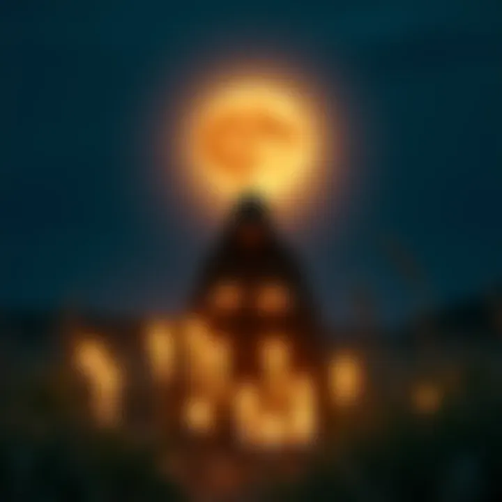 A person in a dark cloak conducting a ritual with candles during a lunar eclipse, surrounded by nature.
