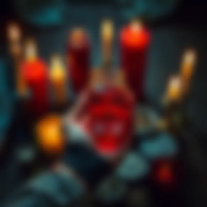 A person's hand holding a small jar of period blood surrounded by candles and herbs, representing a money binding spell