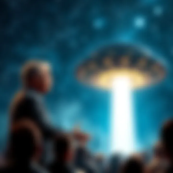 Televangelist Perry Stone addressing an audience about upcoming UFO disclosures, with a backdrop of a starry sky and a mysterious light