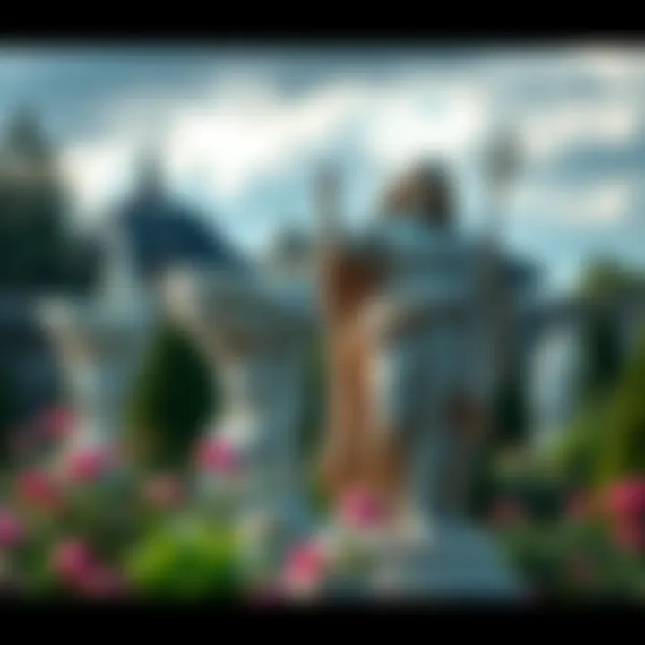 Statues representing Persephone and Hades, rulers of the Underworld, displayed prominently in a garden setting.