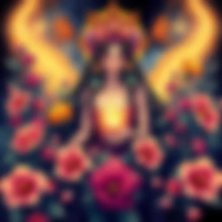 Persephone's Symbols A vibrant illustration of Persephone surrounded by flowers and symbols representing her dual role in mythology, with spring blooms and an underworld theme.