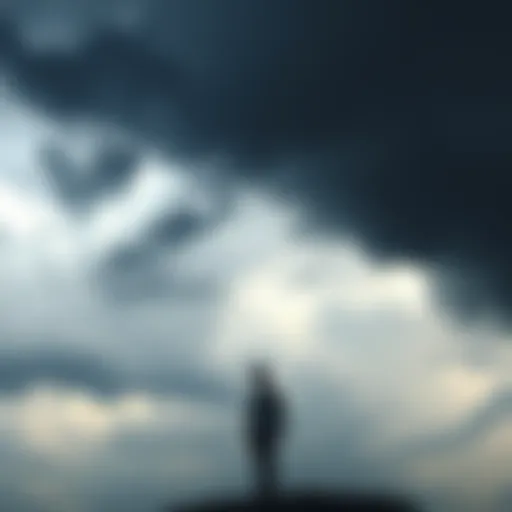 A solitary figure gazes upward, feeling lost and isolated beneath a dark, overcast sky, symbolizing despair and separation from God.