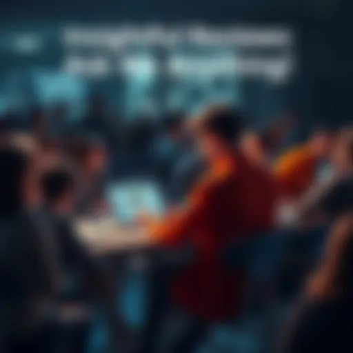 A person sitting at a desk with a laptop, engaging with a crowd of people asking questions about reviews and trends.