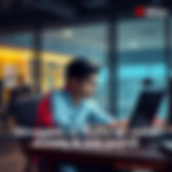 Individual sitting at a desk with a laptop, looking worried and overwhelmed while searching for jobs