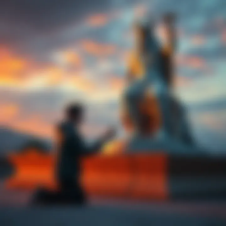 A person kneeling before a statue of Hermes, looking remorseful while holding a small offering in hand