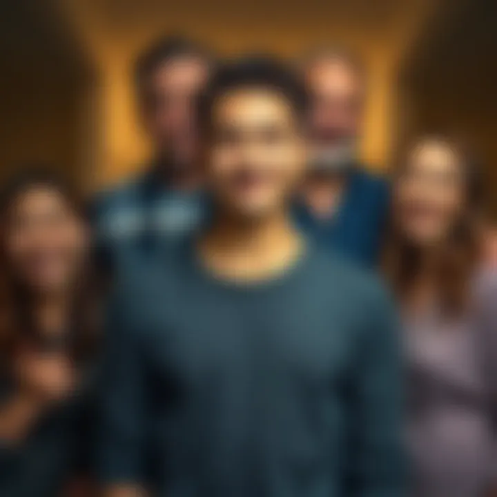 A person stands confidently, showcasing their transformed appearance with noticeable facial features and height changes, smiling with family members who express surprise and admiration.