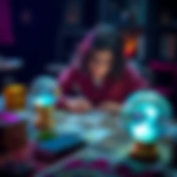 A person sitting at a table with tarot cards and a crystal ball, looking curious and thoughtful while writing down questions.