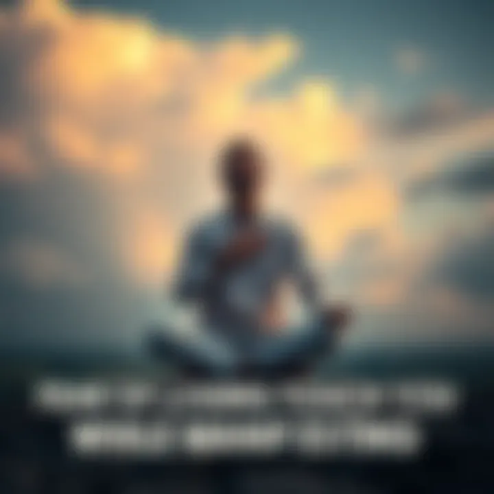 Person balancing dreams and reality A person sitting cross-legged, with one hand on their heart and the other raised toward a cloudy sky, symbolizing the struggle between manifesting dreams and staying grounded in reality.