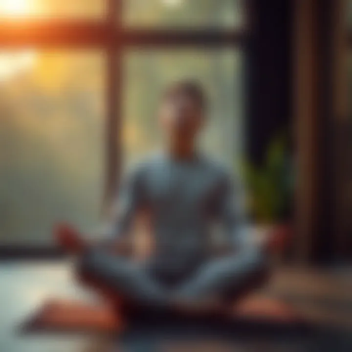 A person sitting cross-legged with hands on their knees, practicing deep breathing in a peaceful environment