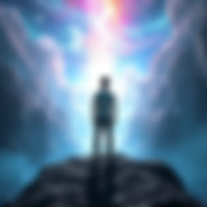 Person standing in a bright alternate universe A person gazes into a vibrant world filled with positive energy and light, reflecting on their journey and feelings of homesickness.