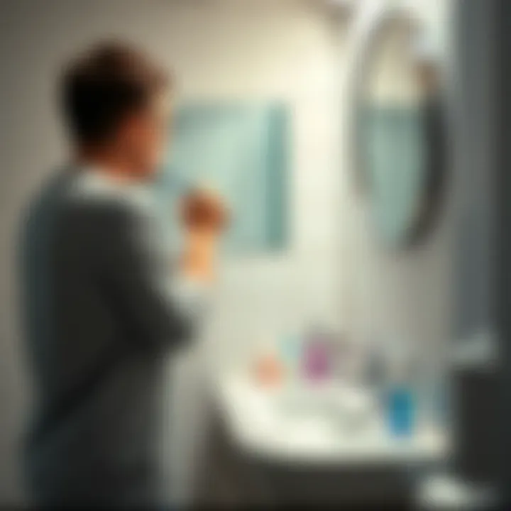 A person standing at a bathroom sink brushing their teeth, with toiletries on the counter and a mirror reflecting the scene.