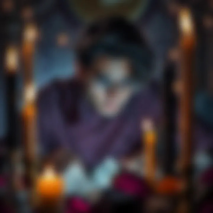 A focused individual surrounded by candles and crystals, preparing to cast a spell