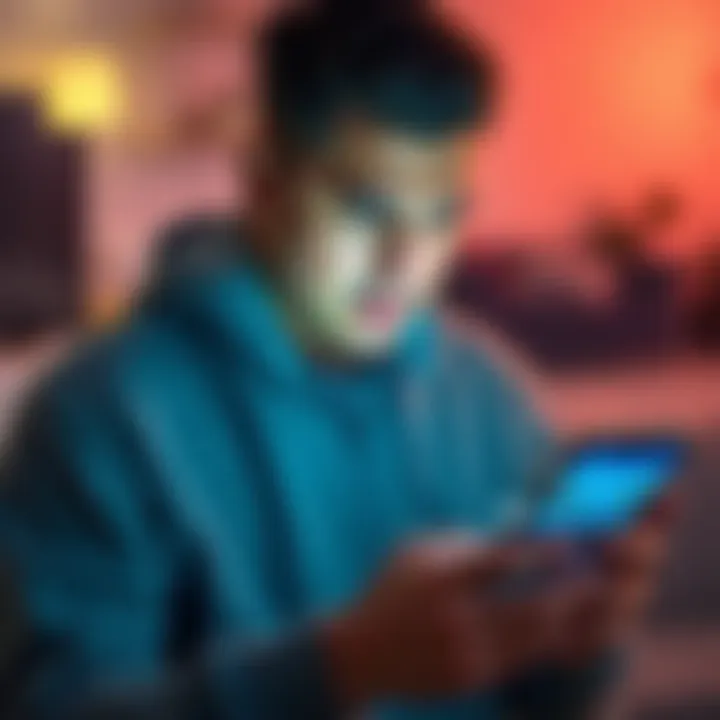 A person looking at a phone with housing listings, showing signs of stress and anticipation