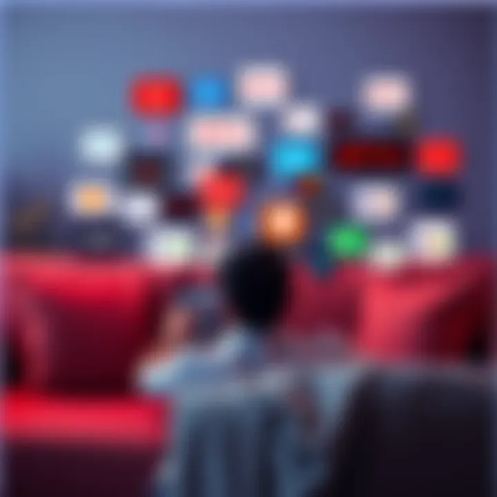 Person checking video subscriptions A person sitting on a couch looking at a tablet, surrounded by various streaming service logos, feeling overwhelmed by video subscriptions
